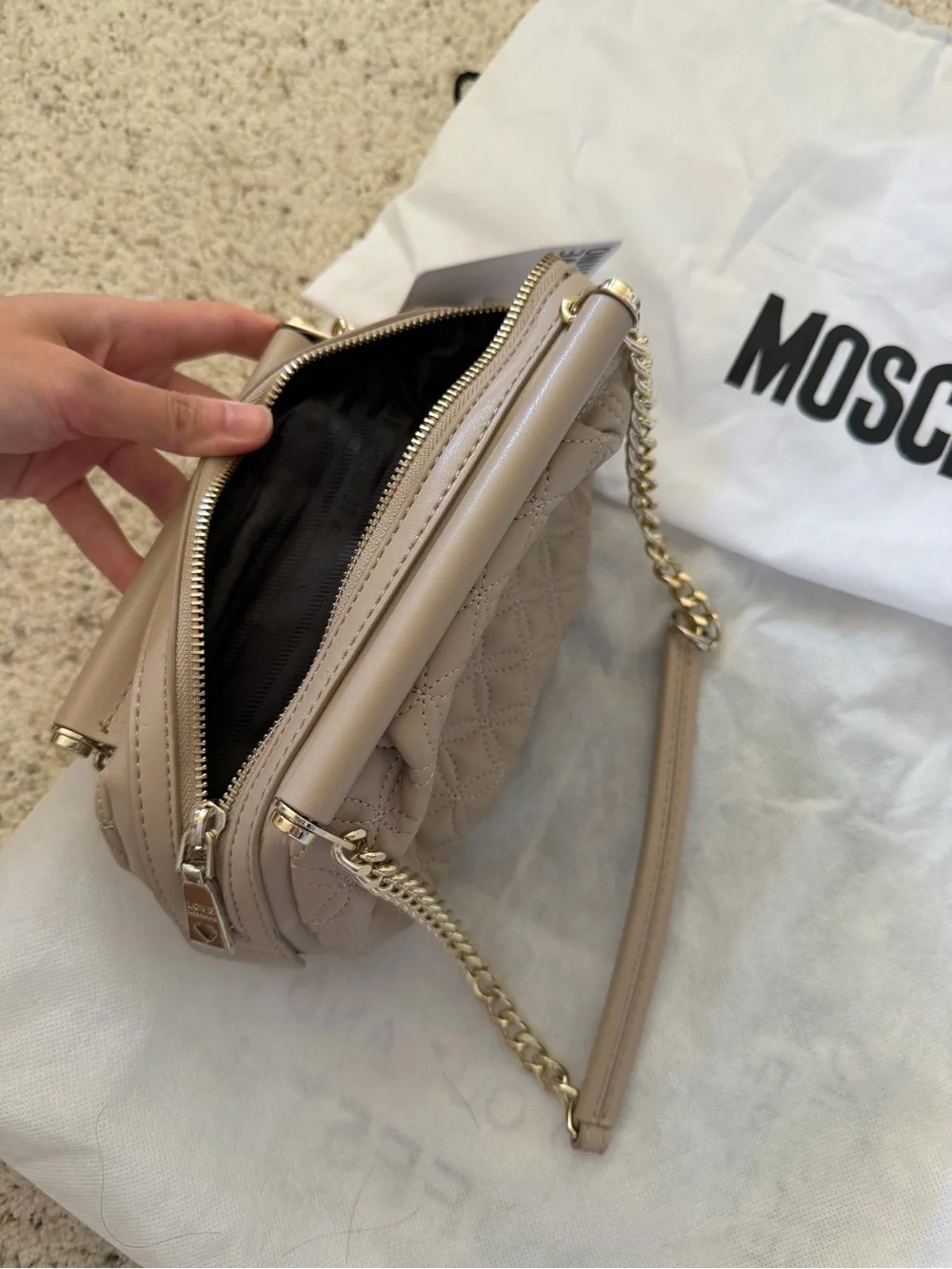 Love Moschino Taupe Quilted Chain-Handle Shoulder Bag with Gold Hardware